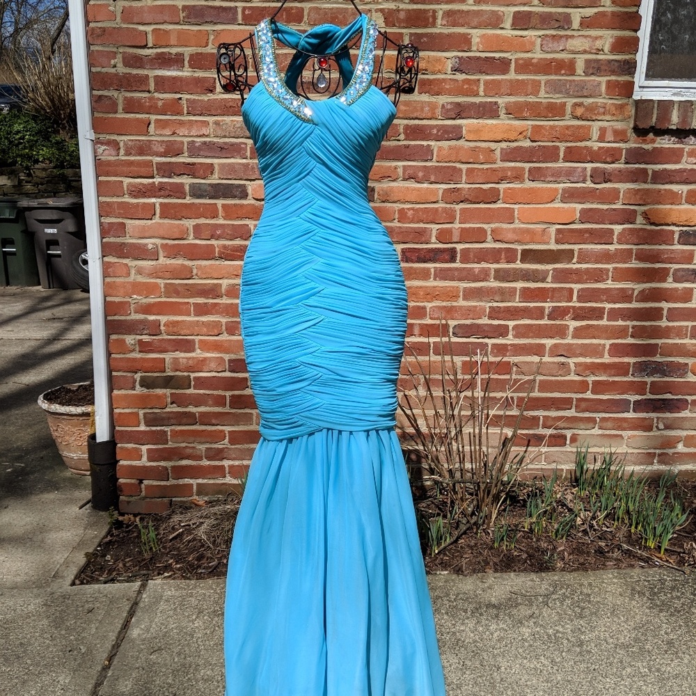 Womens blue beaded open back with detachable skirt